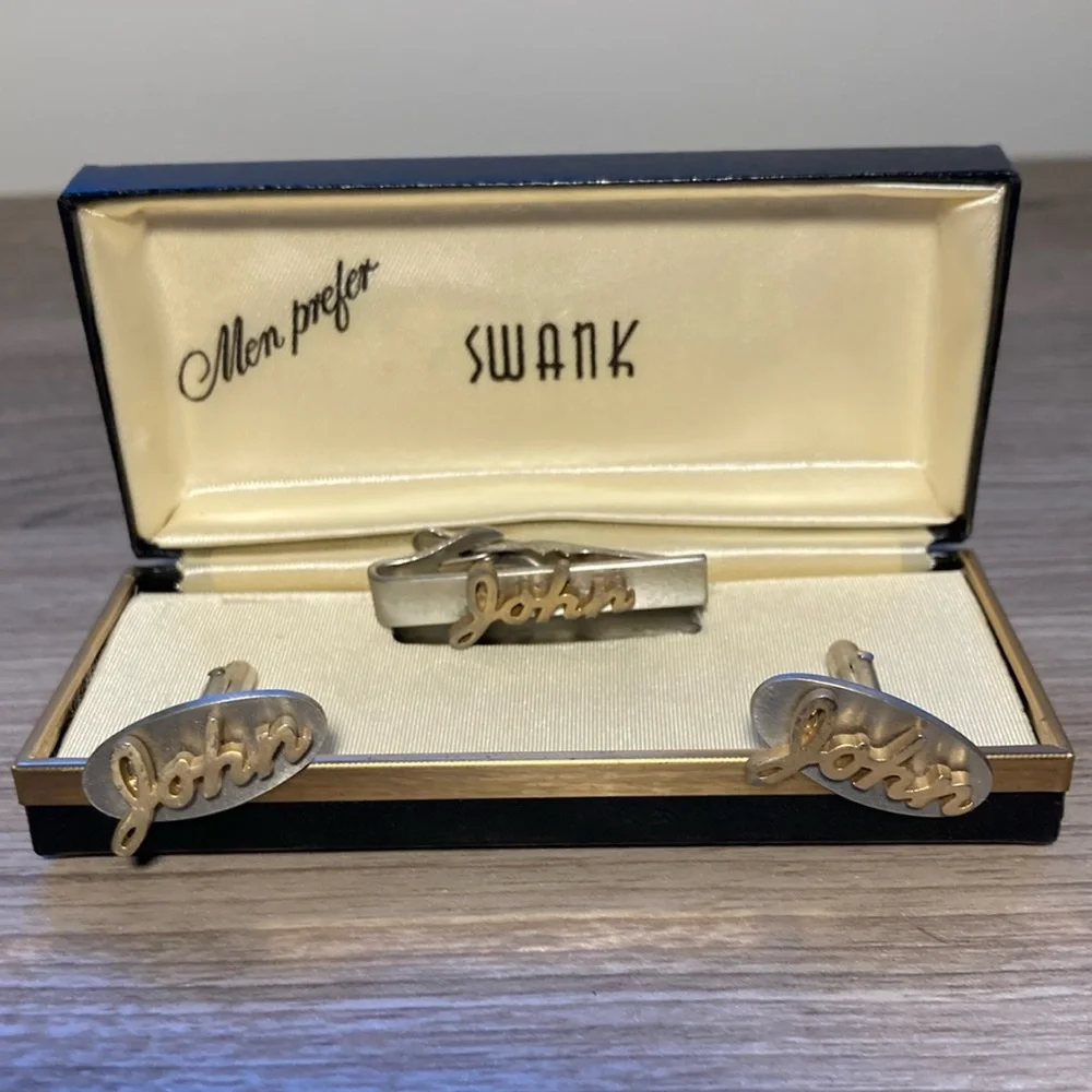 Swank Cufflinks and Tie Clip Set John gold silver